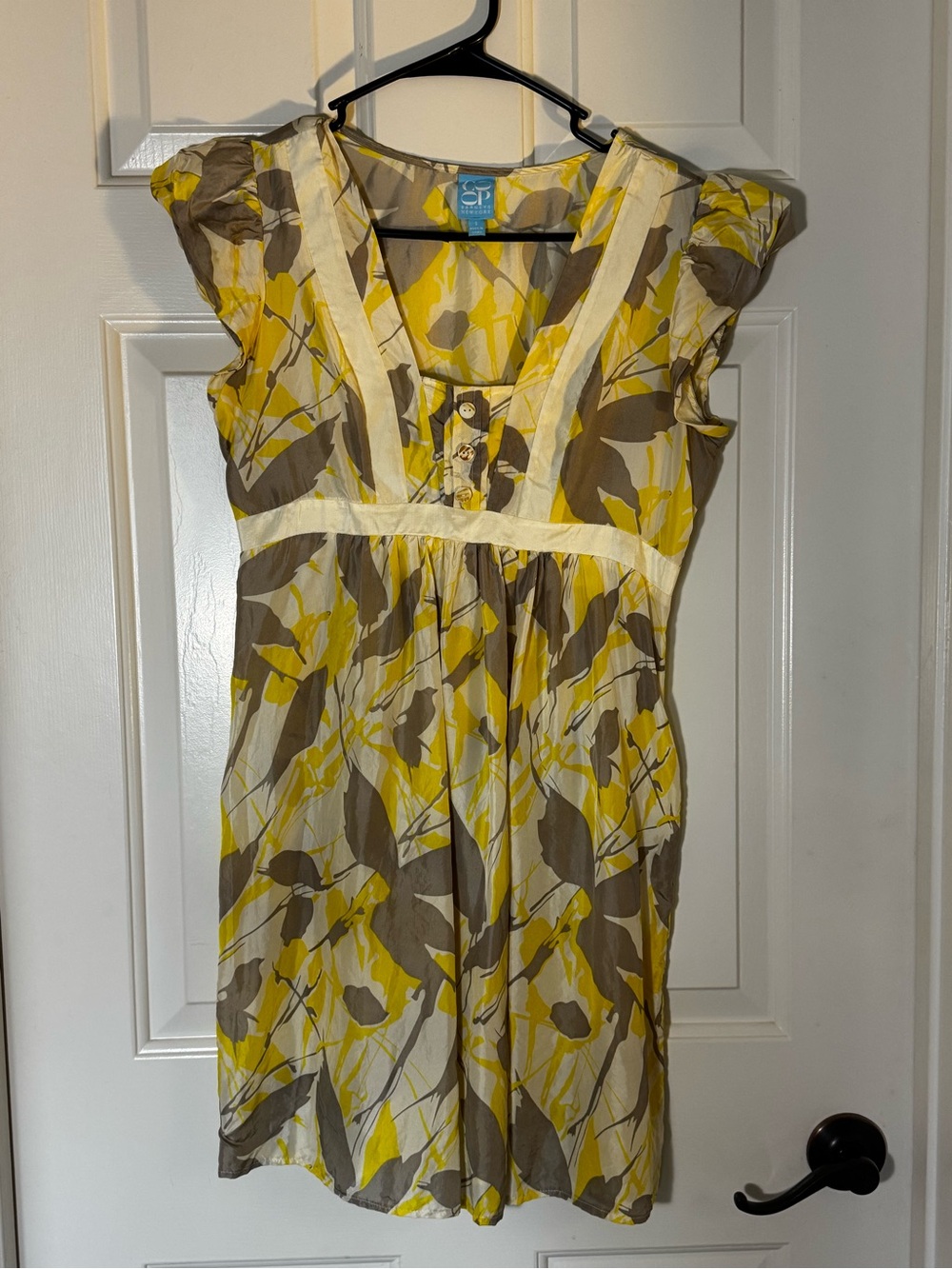 Barneys New York Yellow & Taupe Floral V-Neck Mini Dress